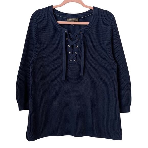 Tommy Bahama Sweaters - Tommy Bahama Sweater Womens Large Navy Blue Lace Up Chunky Knit Cotton Viscose